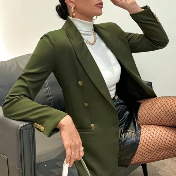 Lapel Collar Double Breasted Blazer Army Green - Picture 7 of 8